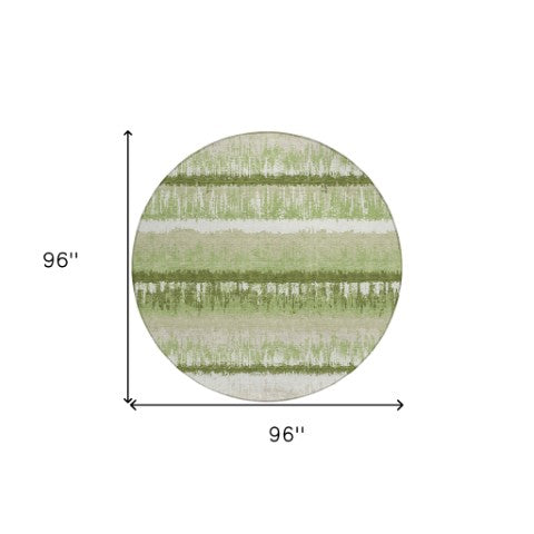 Homeroots 3' Striped Artichoke Green Beige Ivory Washable Area Rug For Indoor Outdoor Spaces, Durable Design 8' Round Polyester 598312