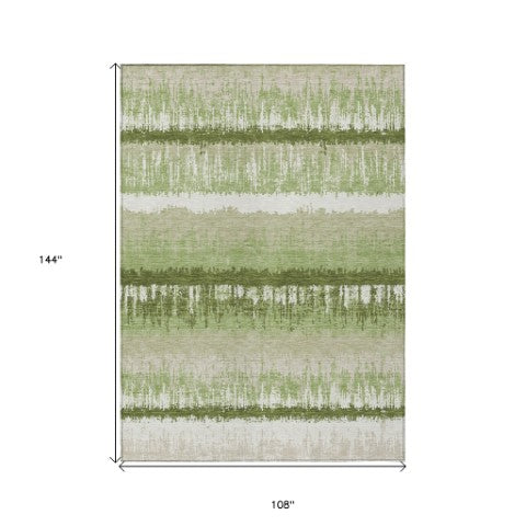Homeroots 3' Striped Artichoke Green Beige Ivory Washable Area Rug For Indoor Outdoor Spaces, Durable Design 9' X 12' Polyester 598314