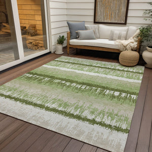 Homeroots 3' Striped Artichoke Green Beige Ivory Washable Area Rug For Indoor Outdoor Spaces, Durable Design 9' X 12' Polyester 598314