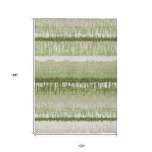 Homeroots 3' Striped Artichoke Green Beige Ivory Washable Area Rug For Indoor Outdoor Spaces, Durable Design 10' X 14' Polyester 598315