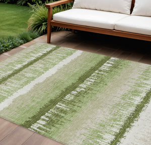 Homeroots 3' Striped Artichoke Green Beige Ivory Washable Area Rug For Indoor Outdoor Spaces, Durable Design 10' X 14' Polyester 598315