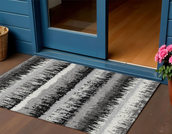 Homeroots 3' Striped Artichoke Green Beige Ivory Washable Area Rug For Indoor Outdoor Spaces, Durable Design 3' X 5' Polyester 598316