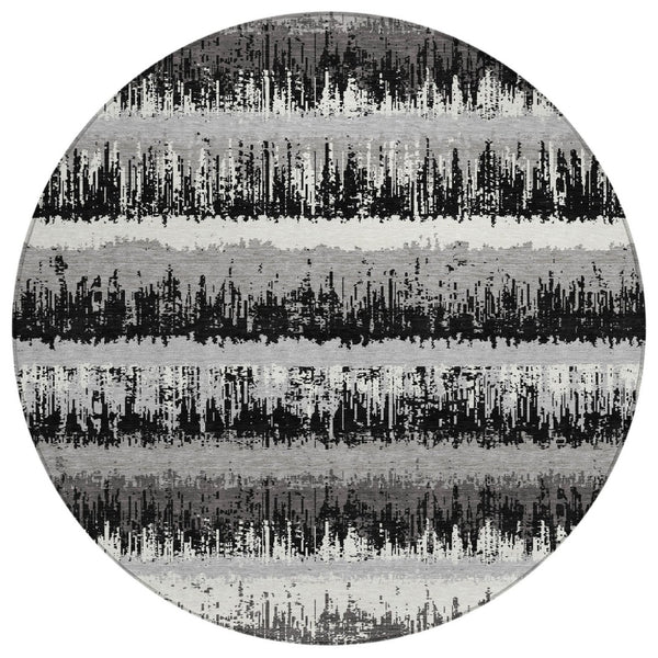 HomeRoots 5' Elegant Black, Gray & Ivory Striped Washable Indoor-Outdoor Area Rug for Stylish Spaces 8' Round 598318