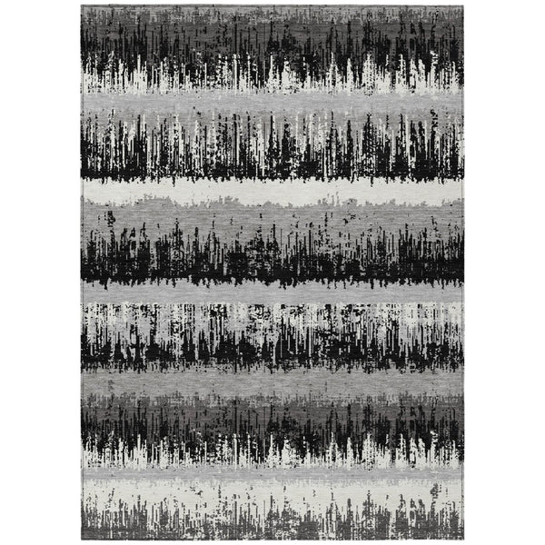HomeRoots 9' X 12' Stylish Black Gray Ivory Striped Washable Area Rug - Durable, Versatile for Indoor & Outdoor Use 598320