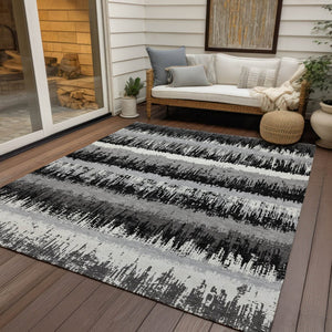 HomeRoots 5' Elegant Black, Gray & Ivory Striped Washable Indoor-Outdoor Area Rug for Stylish Spaces 10' X 14' 598321