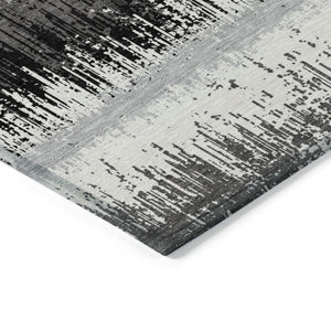 HomeRoots 5' Elegant Black, Gray & Ivory Striped Washable Indoor-Outdoor Area Rug for Stylish Spaces 10' X 14' 598321