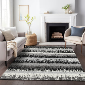 HomeRoots 5' Elegant Black, Gray & Ivory Striped Washable Indoor-Outdoor Area Rug for Stylish Spaces 10' X 14' 598321