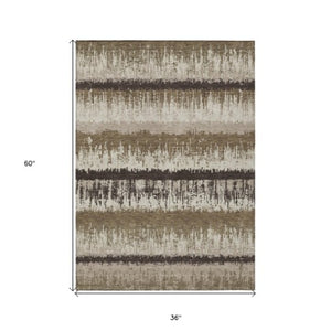 Homeroots 3' Striped Artichoke Green Beige Ivory Washable Area Rug For Indoor Outdoor Spaces, Durable Design 3' X 5' Polyester 598322