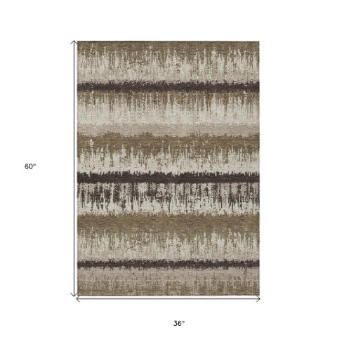 Homeroots 3' Striped Artichoke Green Beige Ivory Washable Area Rug For Indoor Outdoor Spaces, Durable Design 3' X 5' Polyester 598322