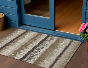 Homeroots 3' Striped Artichoke Green Beige Ivory Washable Area Rug For Indoor Outdoor Spaces, Durable Design 3' X 5' Polyester 598322