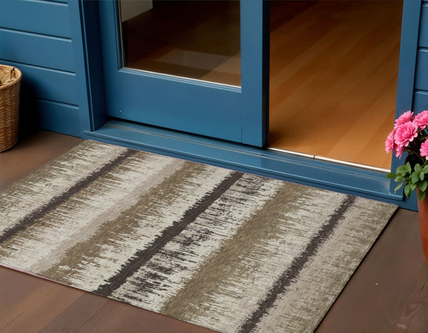 Homeroots 3' Striped Artichoke Green Beige Ivory Washable Area Rug For Indoor Outdoor Spaces, Durable Design 3' X 5' Polyester 598322