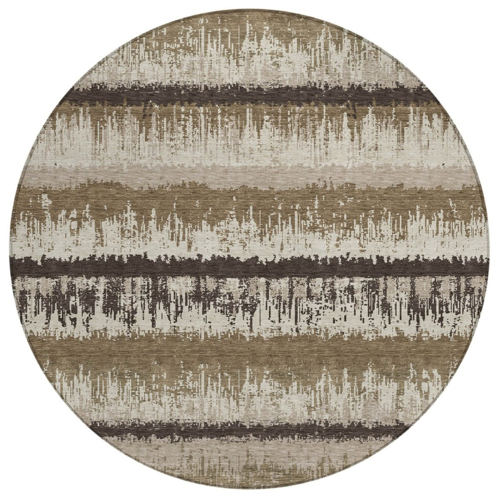 HomeRoots 5' Striped Washable Area Rug – Durable Indoor/Outdoor Design in Brown, Beige & Ivory for Any Space 8' Round 598324
