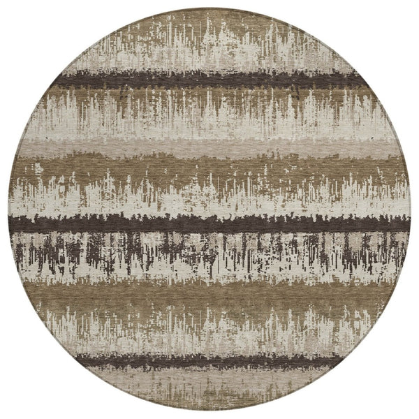 HomeRoots 5' Striped Washable Area Rug – Durable Indoor/Outdoor Design in Brown, Beige & Ivory for Any Space 8' Round 598324