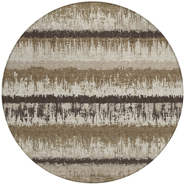Homeroots 3' Striped Artichoke Green Beige Ivory Washable Area Rug For Indoor Outdoor Spaces, Durable Design 8' Round Polyester 598324
