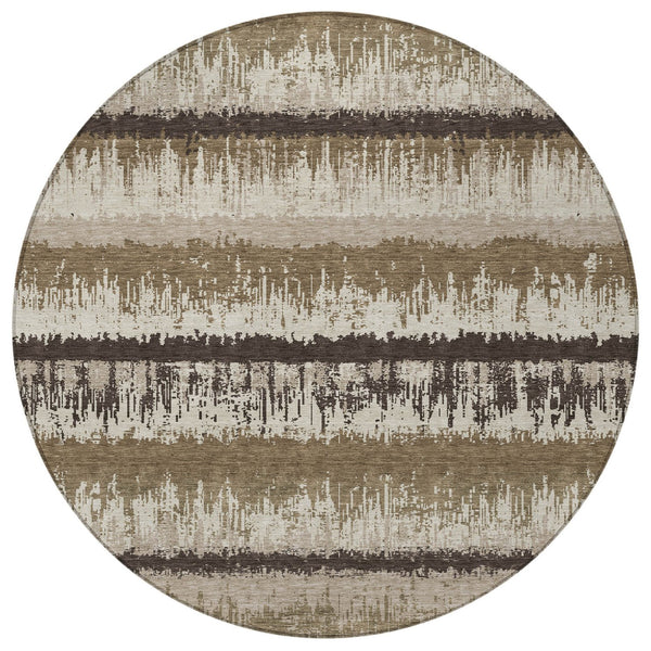 Homeroots 3' Striped Artichoke Green Beige Ivory Washable Area Rug For Indoor Outdoor Spaces, Durable Design 8' Round Polyester 598324