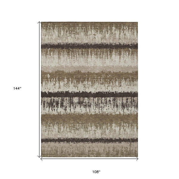 HomeRoots 9' x 12' Striped Washable Area Rug - Brown, Beige & Ivory - Durable for Indoor & Outdoor Use! 598326