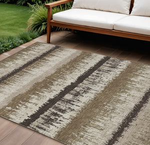 HomeRoots 9' x 12' Striped Washable Area Rug - Brown, Beige & Ivory - Durable for Indoor & Outdoor Use! 598326