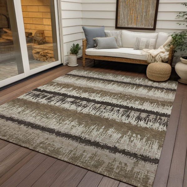 HomeRoots 9' x 12' Striped Washable Area Rug - Brown, Beige & Ivory - Durable for Indoor & Outdoor Use! 598326