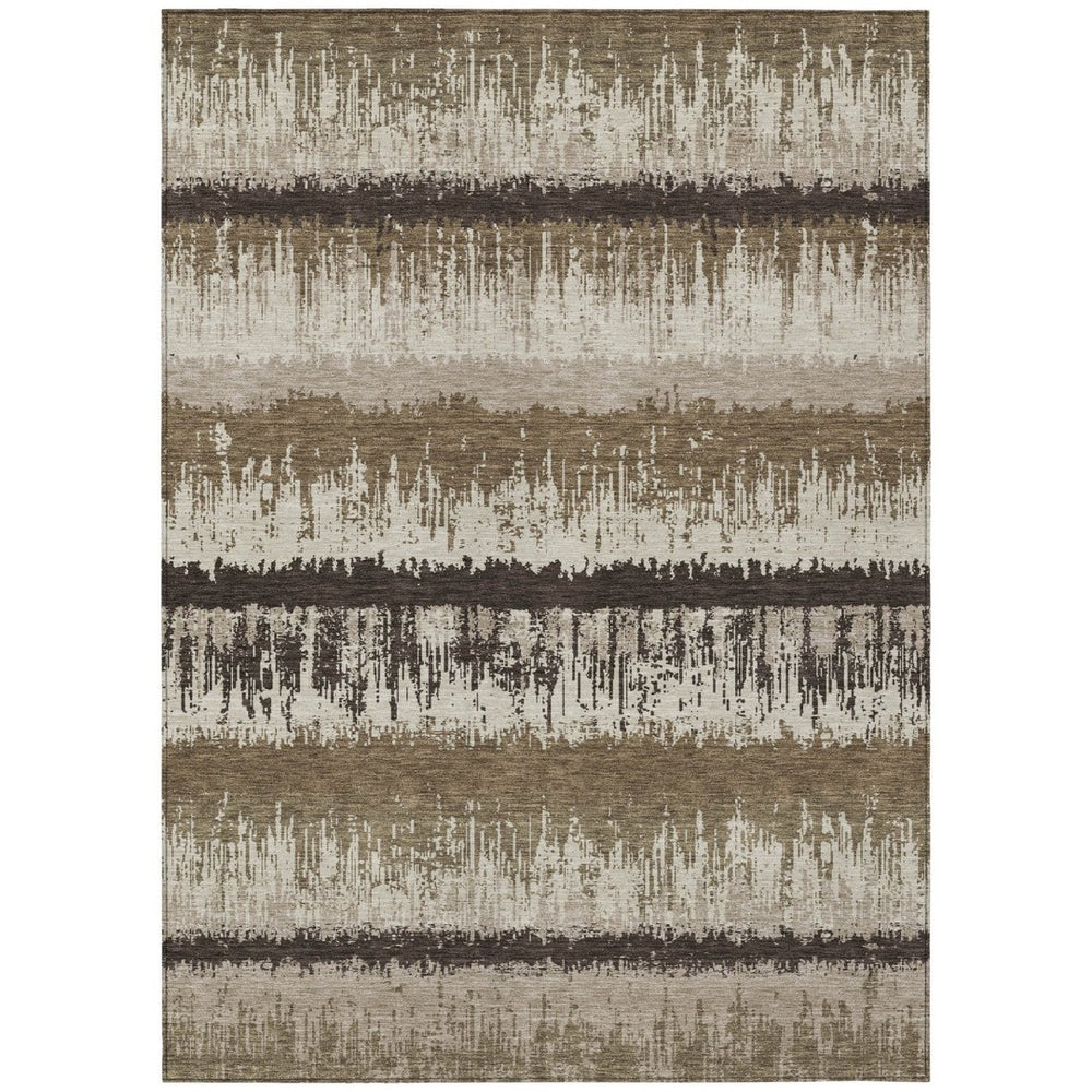 HomeRoots 9' x 12' Striped Washable Area Rug - Brown, Beige & Ivory - Durable for Indoor & Outdoor Use! 598326