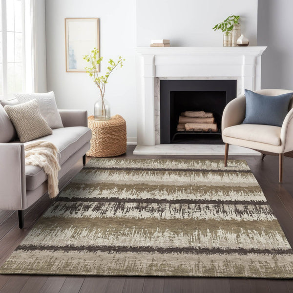 HomeRoots 9' x 12' Striped Washable Area Rug - Brown, Beige & Ivory - Durable for Indoor & Outdoor Use! 598326