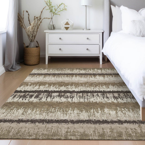HomeRoots 9' x 12' Striped Washable Area Rug - Brown, Beige & Ivory - Durable for Indoor & Outdoor Use! 598326