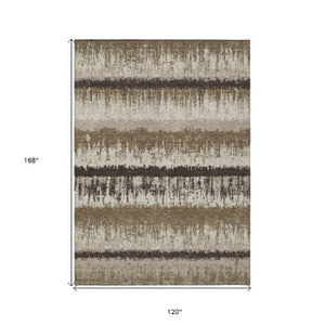 Homeroots 3' Striped Artichoke Green Beige Ivory Washable Area Rug For Indoor Outdoor Spaces, Durable Design 10' X 14' Polyester 598327