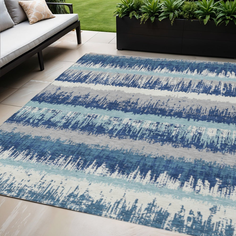 HomeRoots 5' Blue Gray and Ivory Striped Washable Area Rug for Indoor Outdoor Spaces – Durable and Stylish Decor 5' X 8' 598329