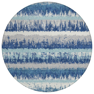 HomeRoots 5' Blue Gray and Ivory Striped Washable Area Rug for Indoor Outdoor Spaces – Durable and Stylish Decor 8' Round 598330