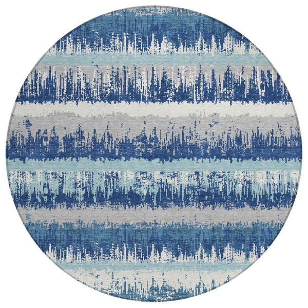 HomeRoots 5' Blue Gray and Ivory Striped Washable Area Rug for Indoor Outdoor Spaces – Durable and Stylish Decor 8' Round 598330