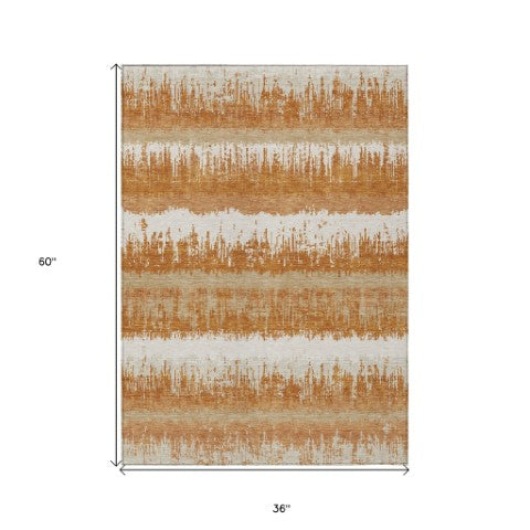 Homeroots 3' Striped Artichoke Green Beige Ivory Washable Area Rug For Indoor Outdoor Spaces, Durable Design 3' X 5' Polyester 598334