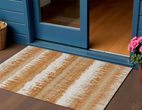 Homeroots 3' Striped Artichoke Green Beige Ivory Washable Area Rug For Indoor Outdoor Spaces, Durable Design 3' X 5' Polyester 598334