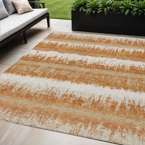 Homeroots 3' Striped Artichoke Green Beige Ivory Washable Area Rug For Indoor Outdoor Spaces, Durable Design 5' X 8' Polyester 598335