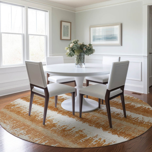 Homeroots 3' Striped Artichoke Green Beige Ivory Washable Area Rug For Indoor Outdoor Spaces, Durable Design 8' Round Polyester 598336