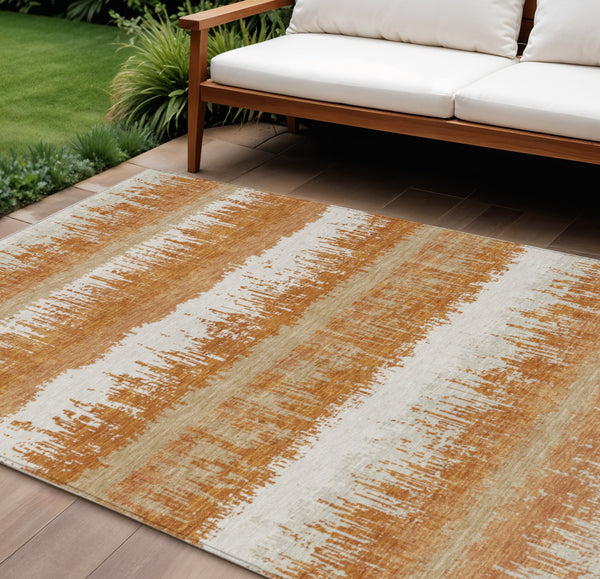 Homeroots 3' Striped Artichoke Green Beige Ivory Washable Area Rug For Indoor Outdoor Spaces, Durable Design 9' X 12' Polyester 598338