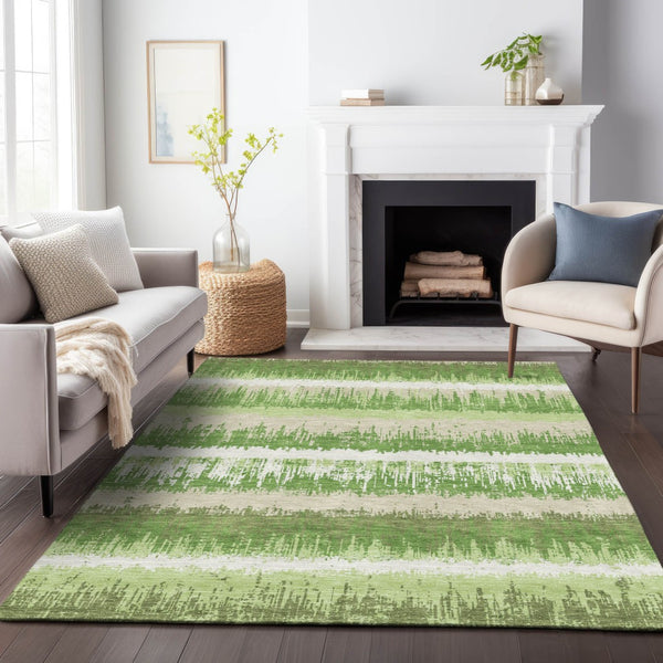 Homeroots 3' Striped Artichoke Green Beige Ivory Washable Area Rug For Indoor Outdoor Spaces, Durable Design 5' X 8' Polyester 598341