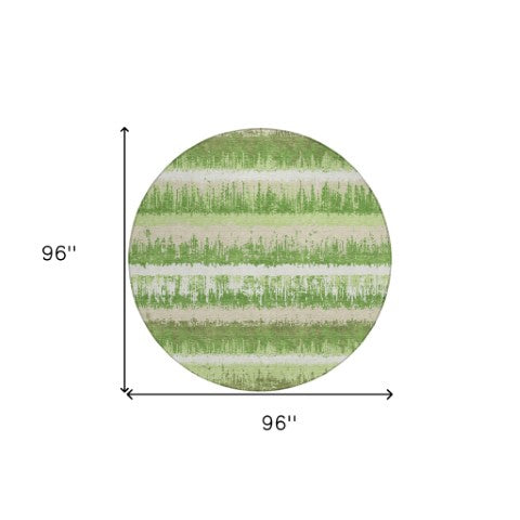 Homeroots 3' Striped Artichoke Green Beige Ivory Washable Area Rug For Indoor Outdoor Spaces, Durable Design 8' Round Polyester 598342