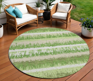 Homeroots 3' Striped Artichoke Green Beige Ivory Washable Area Rug For Indoor Outdoor Spaces, Durable Design 8' Round Polyester 598342