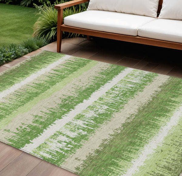 Homeroots 3' Striped Artichoke Green Beige Ivory Washable Area Rug For Indoor Outdoor Spaces, Durable Design 8' X 10' Polyester 598343