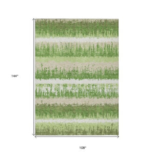Homeroots 3' Striped Artichoke Green Beige Ivory Washable Area Rug For Indoor Outdoor Spaces, Durable Design 9' X 12' Polyester 598344