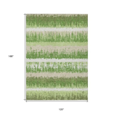 Homeroots 3' Striped Artichoke Green Beige Ivory Washable Area Rug For Indoor Outdoor Spaces, Durable Design 10' X 14' Polyester 598345