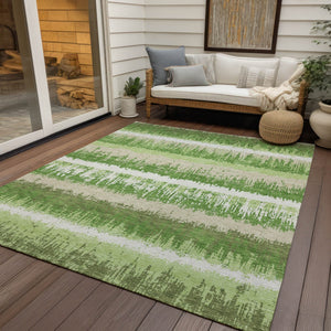 Homeroots 3' Striped Artichoke Green Beige Ivory Washable Area Rug For Indoor Outdoor Spaces, Durable Design 10' X 14' Polyester 598345