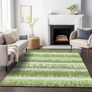 Homeroots 3' Striped Artichoke Green Beige Ivory Washable Area Rug For Indoor Outdoor Spaces, Durable Design 10' X 14' Polyester 598345
