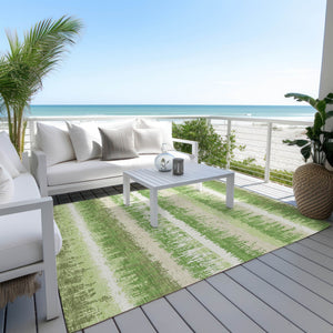 Homeroots 3' Striped Artichoke Green Beige Ivory Washable Area Rug For Indoor Outdoor Spaces, Durable Design 10' X 14' Polyester 598345