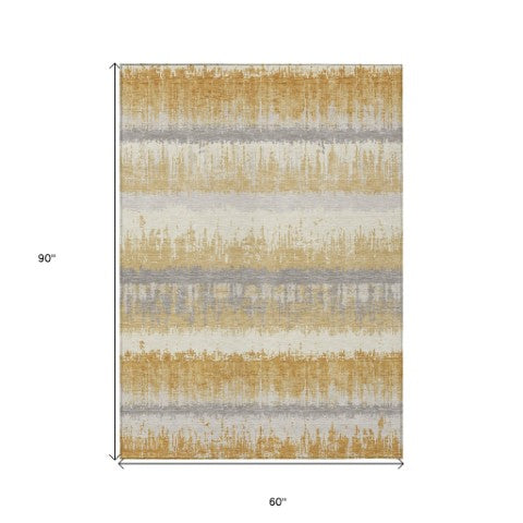 Homeroots 3' Striped Artichoke Green Beige Ivory Washable Area Rug For Indoor Outdoor Spaces, Durable Design 5' X 8' Polyester 598347