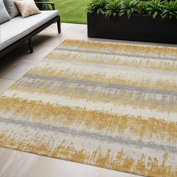 Homeroots 3' Striped Artichoke Green Beige Ivory Washable Area Rug For Indoor Outdoor Spaces, Durable Design 5' X 8' Polyester 598347
