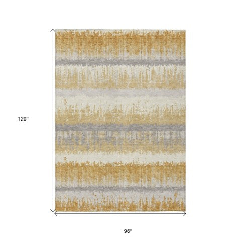 Homeroots 3' Striped Artichoke Green Beige Ivory Washable Area Rug For Indoor Outdoor Spaces, Durable Design 8' X 10' Polyester 598349