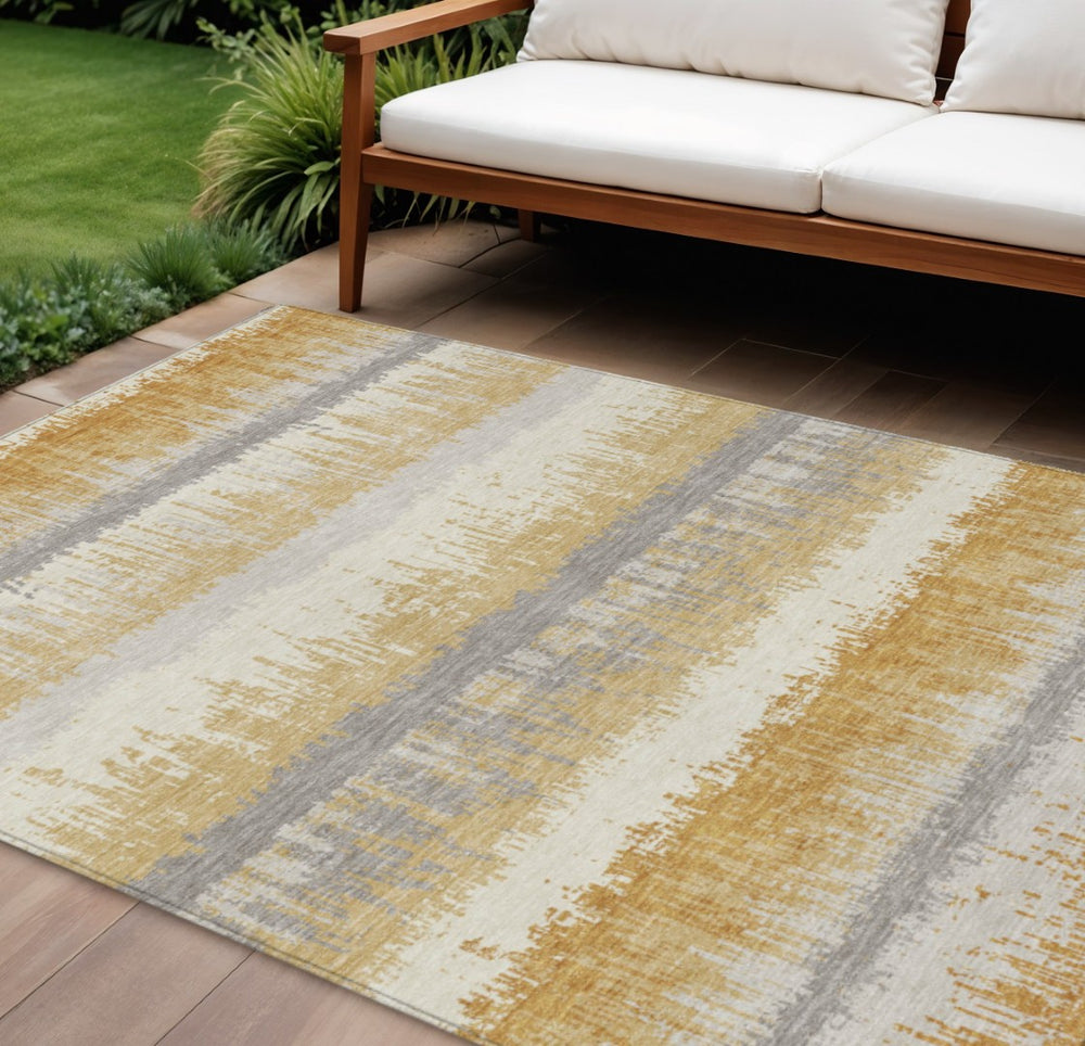 HomeRoots 9' X 12' Stylish Gold, Copper & Gray Striped Washable Area Rug for Indoor & Outdoor Spaces 598350