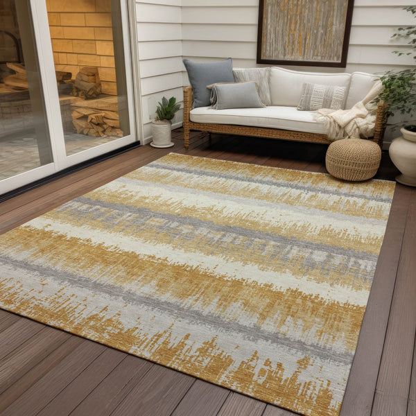 Homeroots 3' Striped Artichoke Green Beige Ivory Washable Area Rug For Indoor Outdoor Spaces, Durable Design 9' X 12' Polyester 598350