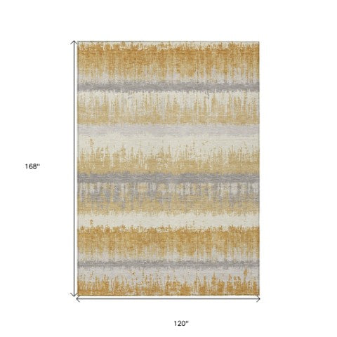 Homeroots 3' Striped Artichoke Green Beige Ivory Washable Area Rug For Indoor Outdoor Spaces, Durable Design 10' X 14' Polyester 598351