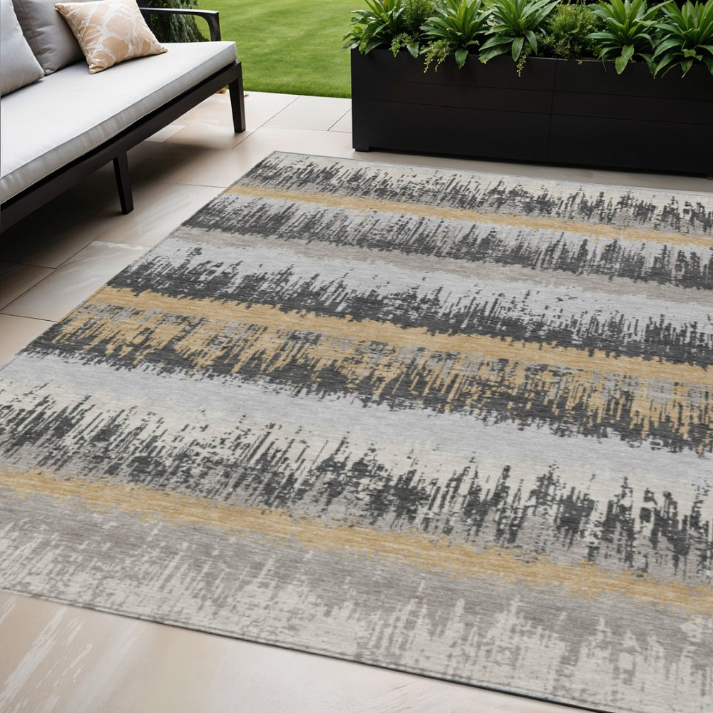 HomeRoots 5' Versatile Gray, Brown, and Beige Striped Indoor/Outdoor Area Rug for Stylish High-Traffic Spaces 5' X 8' 598353
